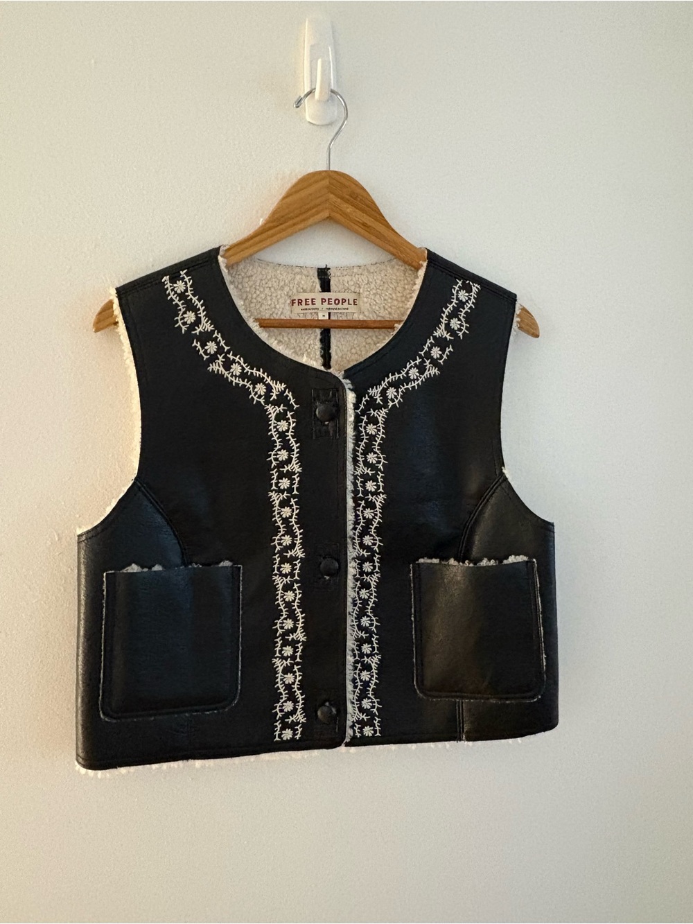 Free People Black Faux Leather Vest with Cream Embroidery